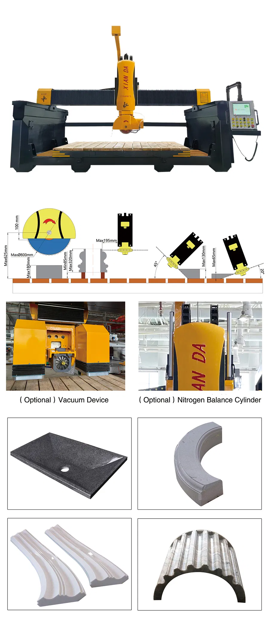 Automatic Smart Monoblock 5 Axis CNC Bridge Saw Cutting Machine for Granite Marble Quartz with 3400*2000*180mm Max Processing Size 15kw Motor 380V Power 1
